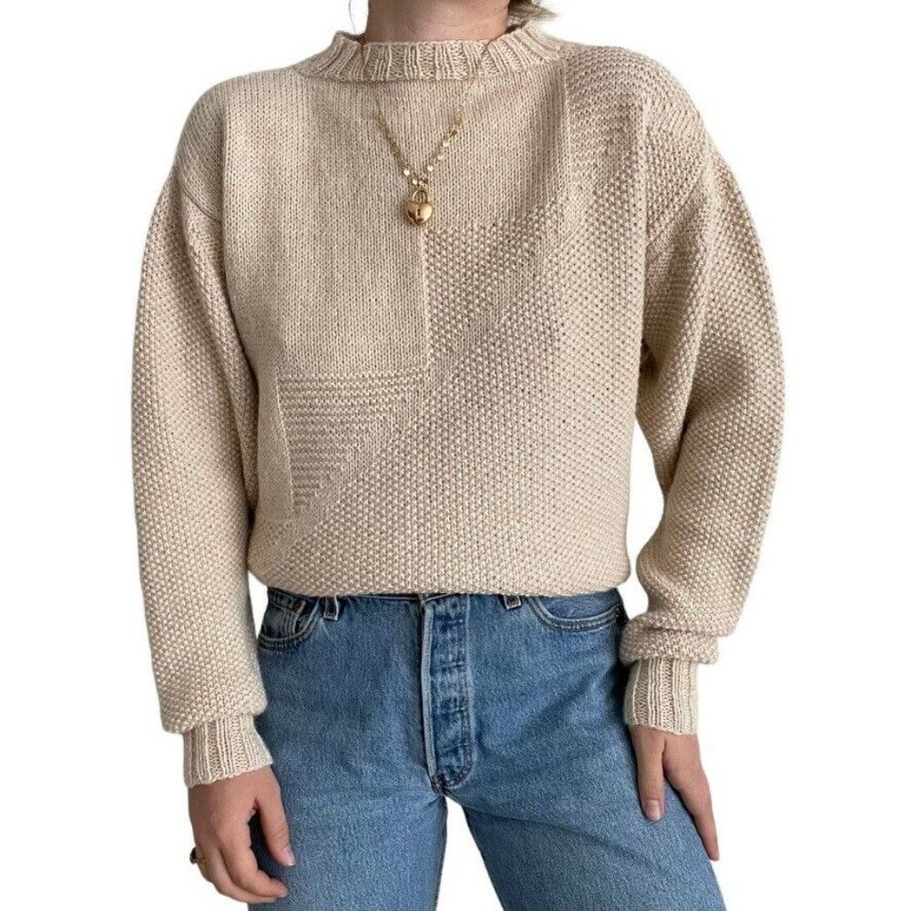 Vintage Womens Hand Knit Tan Beige Alpaca Oversized Soft Sweater Sz XL - Picture 4 of 8